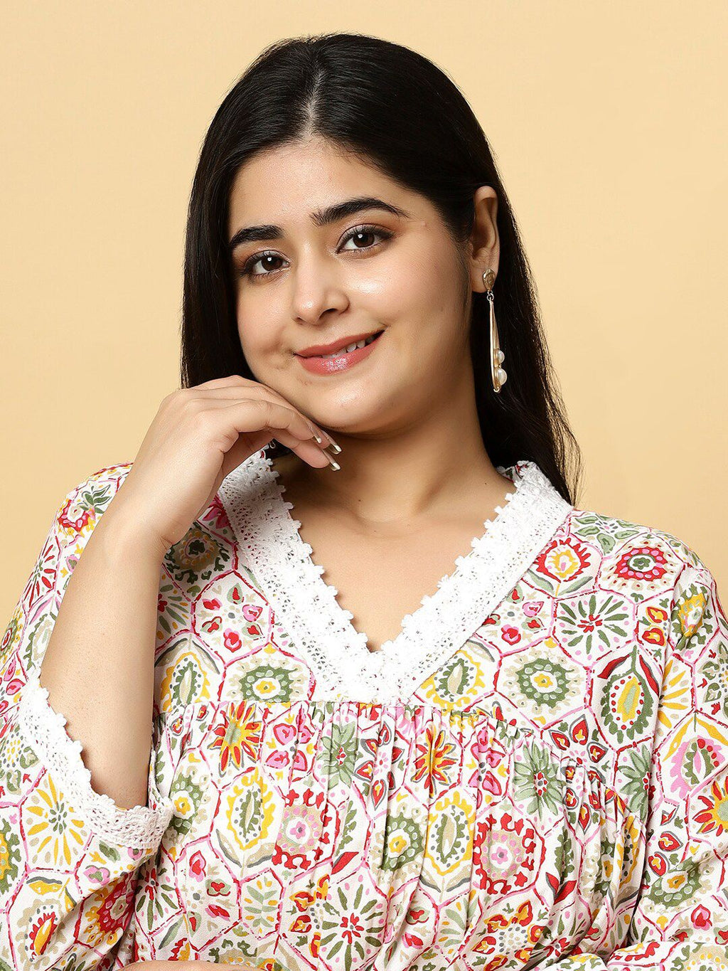 Sztori Plus Size Floral Printed V- Neck Pleated Pure Cotton A-Line Kurta With Lace Detail | Grocsy