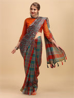 Sangria Grey & Red Beads and Stones Pure Linen Saree | Grocsy