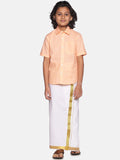 Sethukrishna Boys Orange & White Solid Cotton Shirt & Dhoti Set | Grocsy