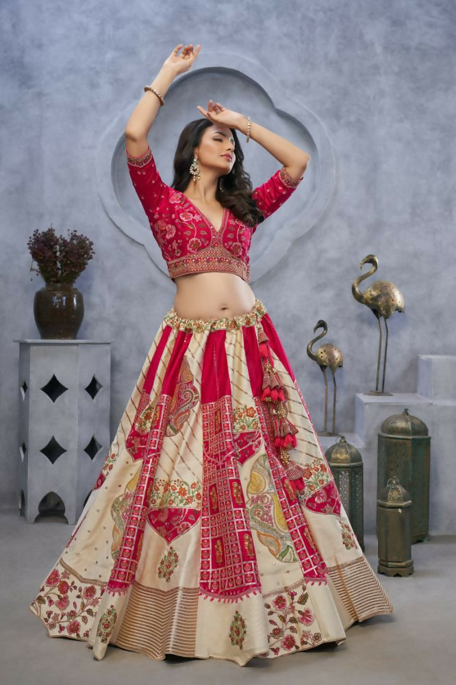 Kesar Fab Ivory Silk Embroidered Lehenga | Grocsy