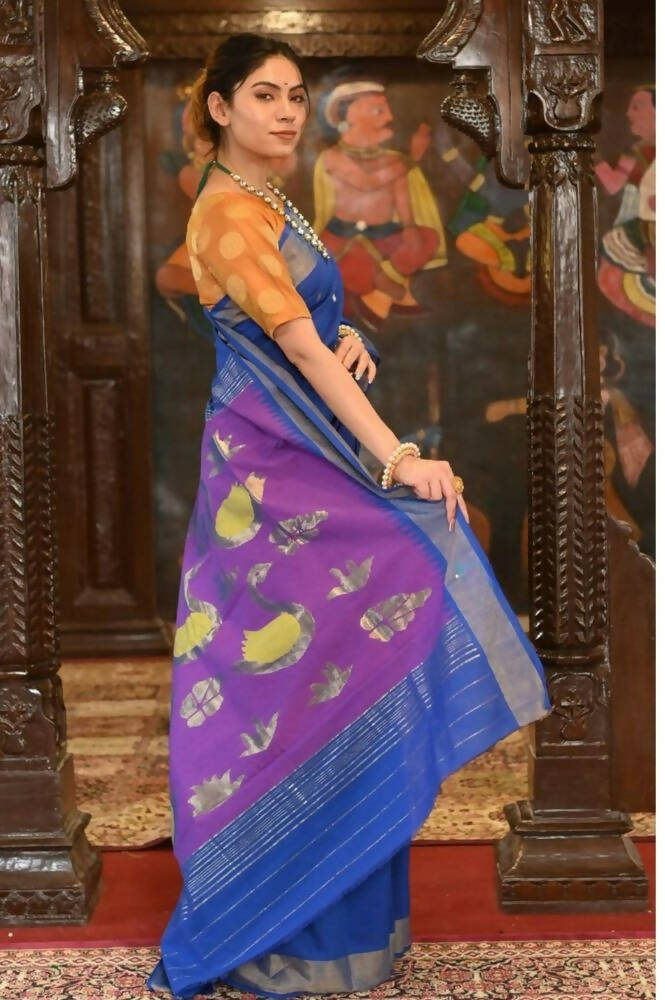 Very Much Indian Handloom Pure Cotton Paithani Swan Pallu-Marine Blue | Grocsy
