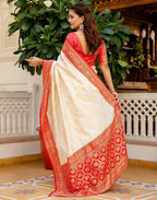 Joban Fashion Off White Silk Woven Banarasi Saree | Grocsy