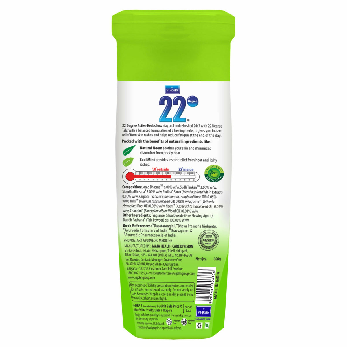 VI-JOHN 22 Degree Cooling Talc Beat the Heat Neem and Mint | Grocsy
