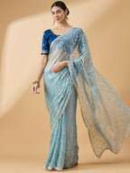 Blue Organza Sequence Embroidered Saree with Unstitched Blouse - Satya | Grocsy