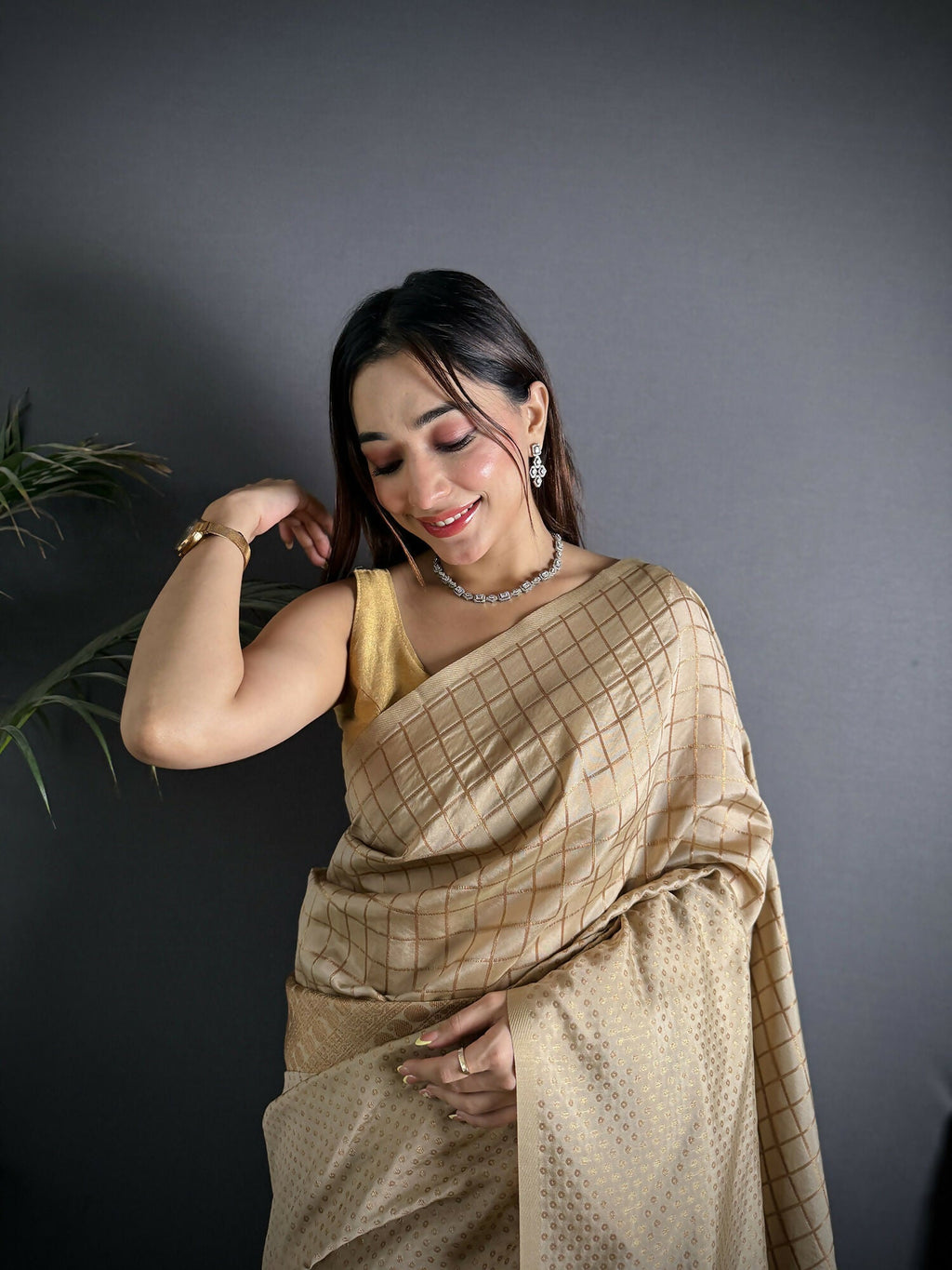 Joban Fashion Ivory Banarasi Soft Lichi Silk Checks & Woven Saree | Grocsy