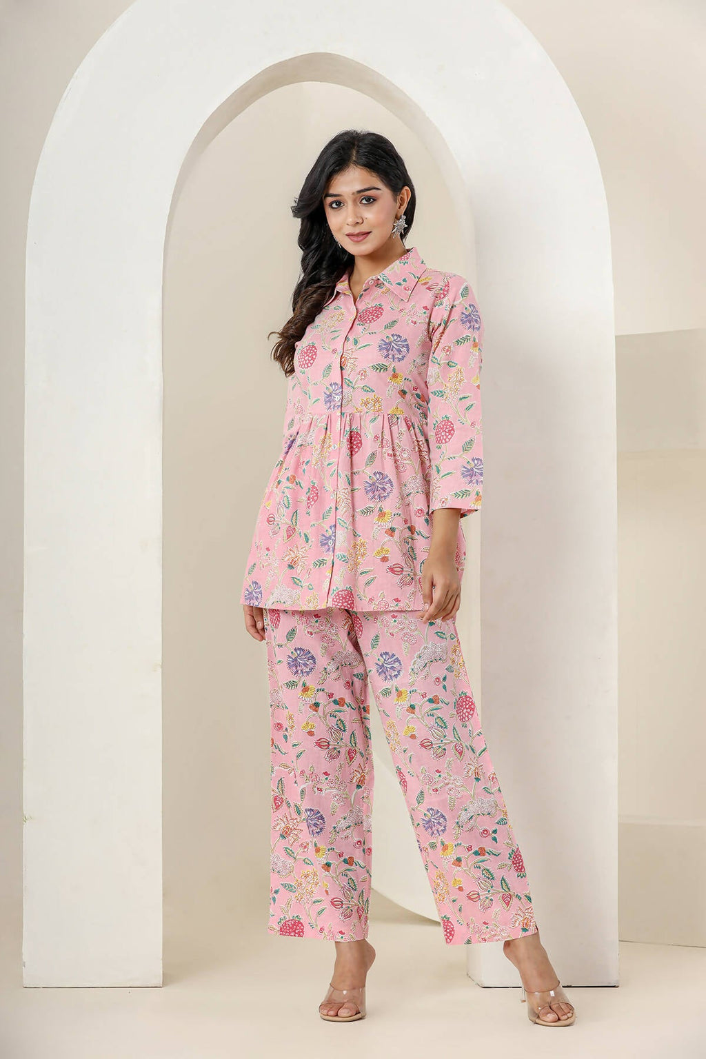 Kaajh Women's Baby Pink Printed Cotton Co-ord Set | Grocsy