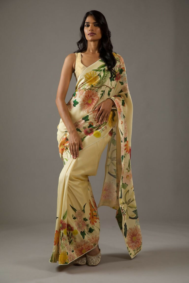 Partywear Designer Yellow Bright Moss Fancy Saree - Durga | Grocsy