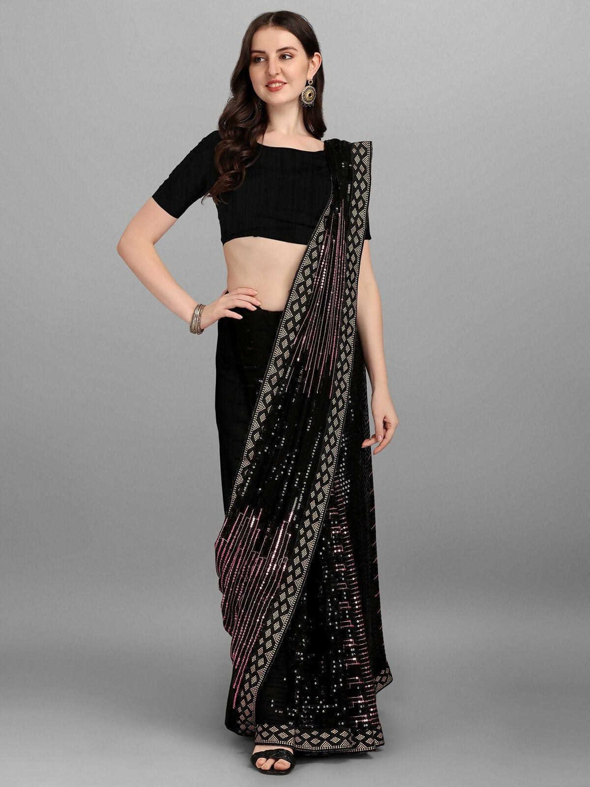 Vegaa Fashion Black Georgette Embroidered Party Wear Saree | Grocsy