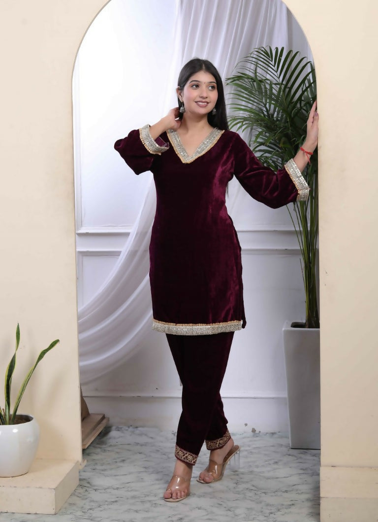 Miravan Women's Wine Embroidered Velvet Co-ord Set | Grocsy