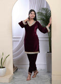 Miravan Women's Wine Embroidered Velvet Co-ord Set | Grocsy