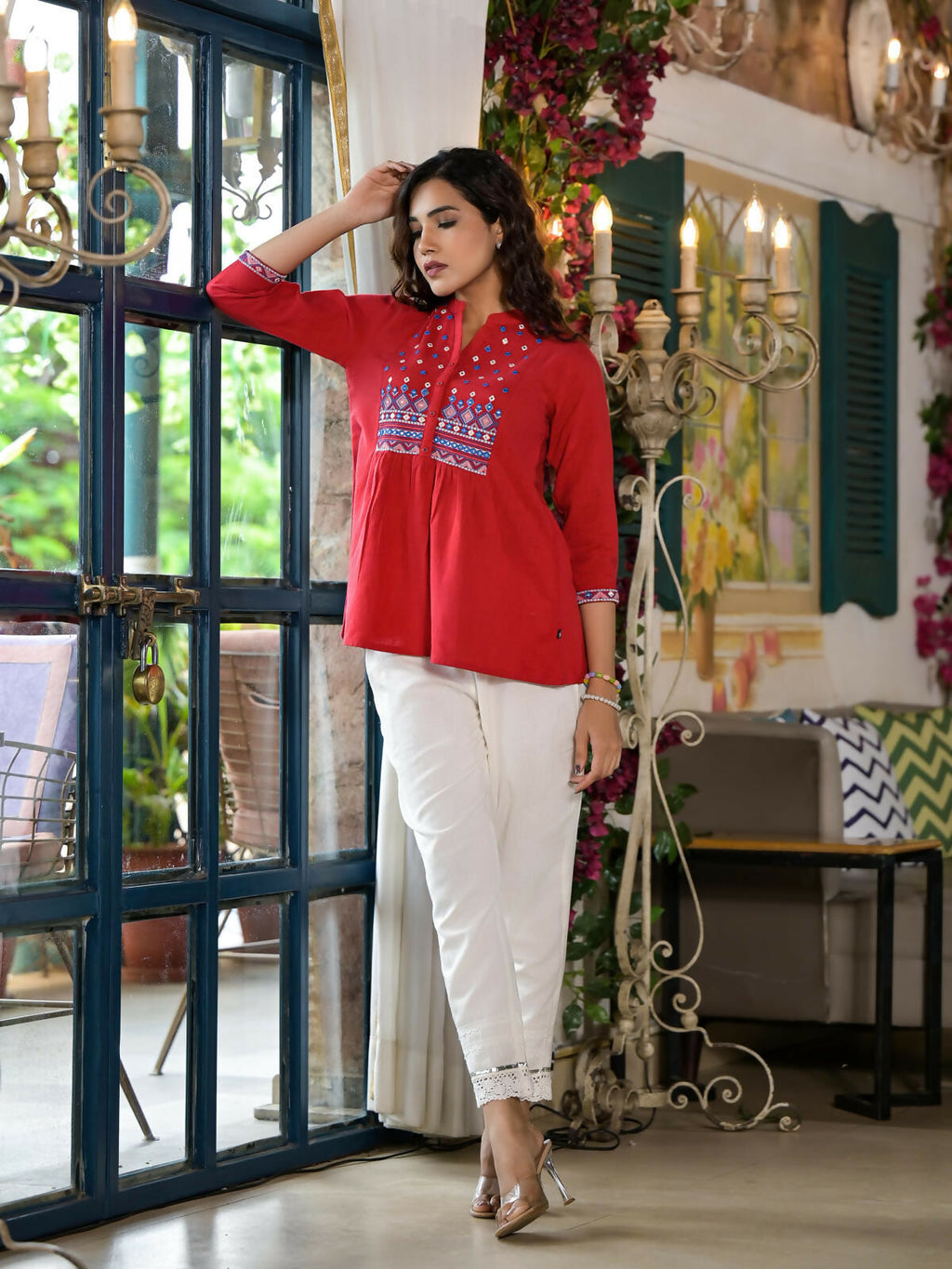 Juniper Women's Red Thread Embroidered Cotton Tunic With Mirror work & Buttons | Grocsy
