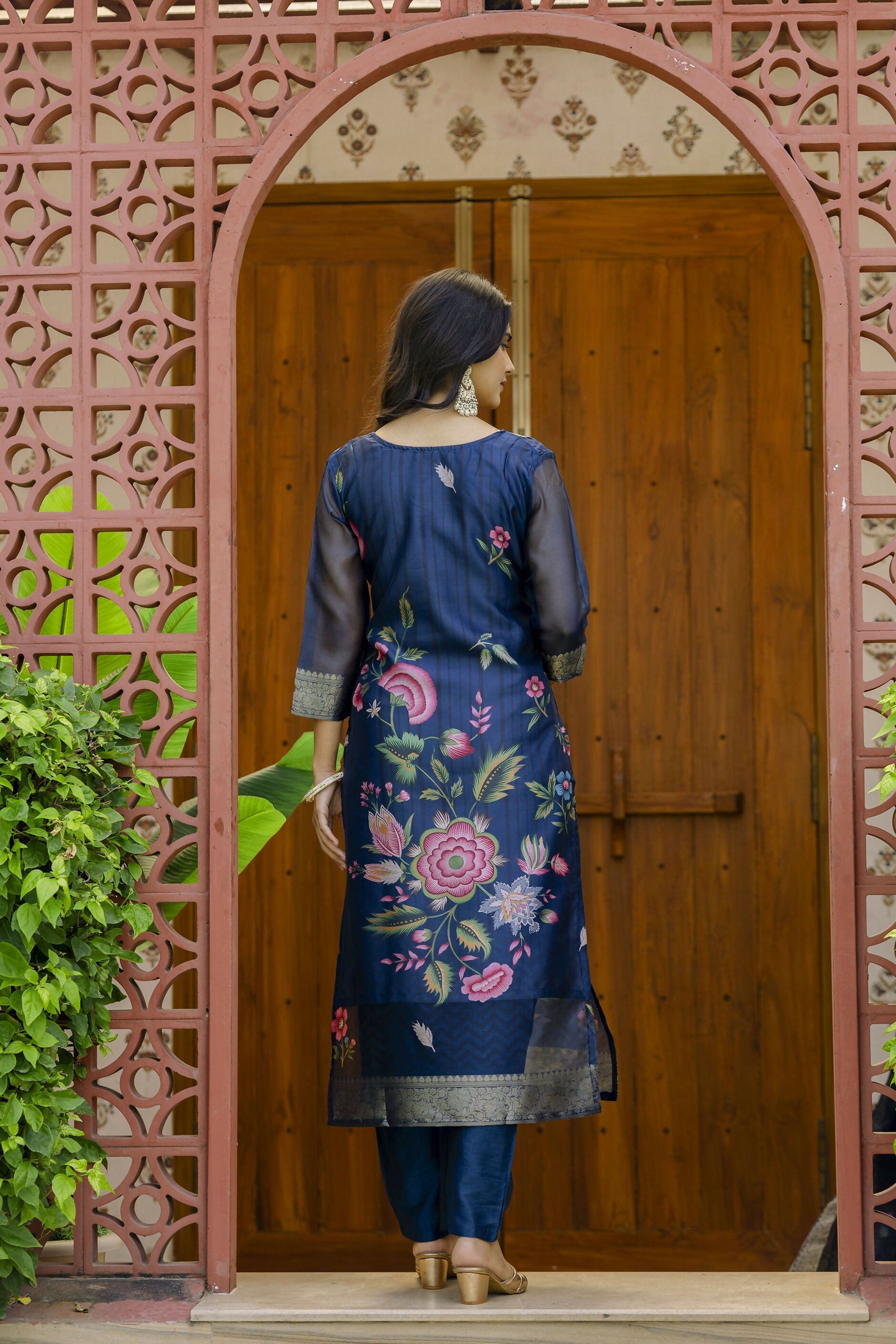 The52 Women's Beautiful Printed Work Jacquard Organza Fabric Straight Kurta Pant and Dupatta Set | Grocsy