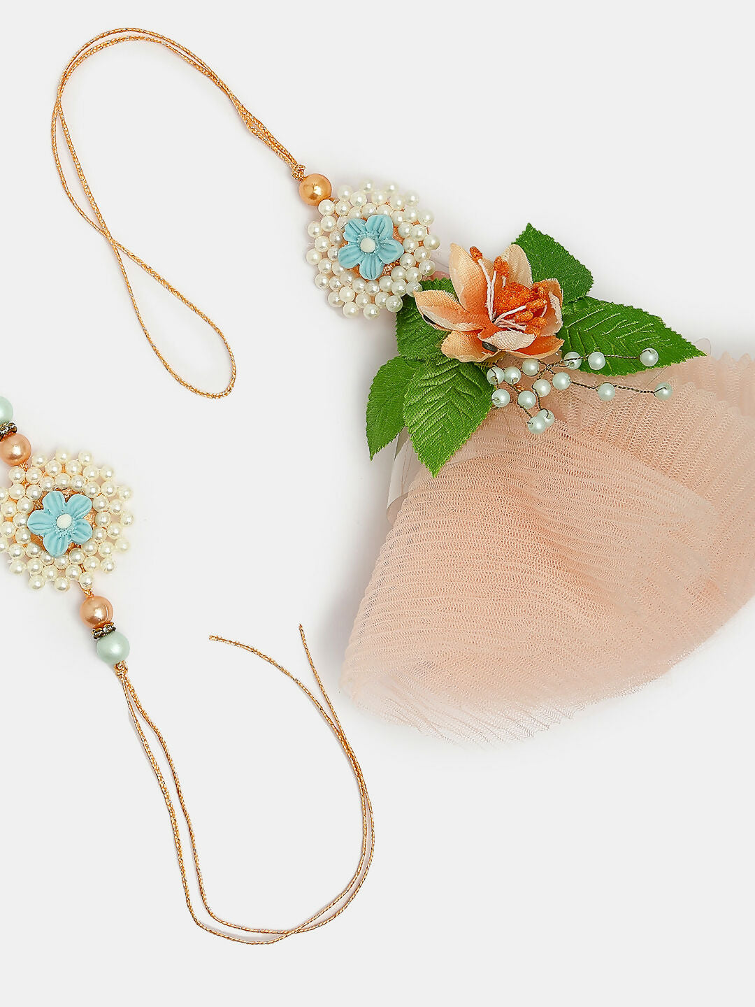 NVR Women & Men Set of 2 Peach Floral Design Pearl Beaded Bhaiya Bhabi Rakhi With Roli Chawal & Chocolate | Grocsy