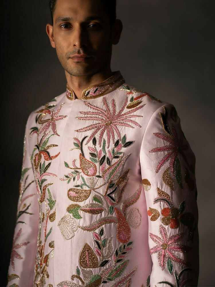 Pink Hand Embroidered Indowestern Sherwani by Hilo Design | Grocsy