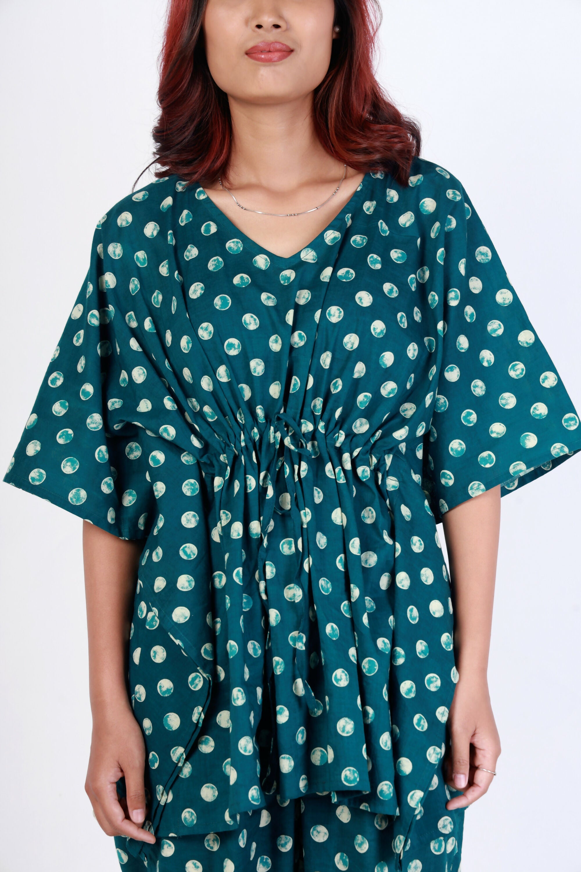 Breathables Green Polka Cotton Kaftan Co-Ord Set | Grocsy