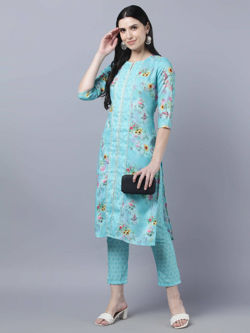Myshka Women Blue Yellow Printed Kurta with Trousers | Grocsy