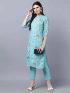 Myshka Women Blue Yellow Printed Kurta with Trousers | Grocsy