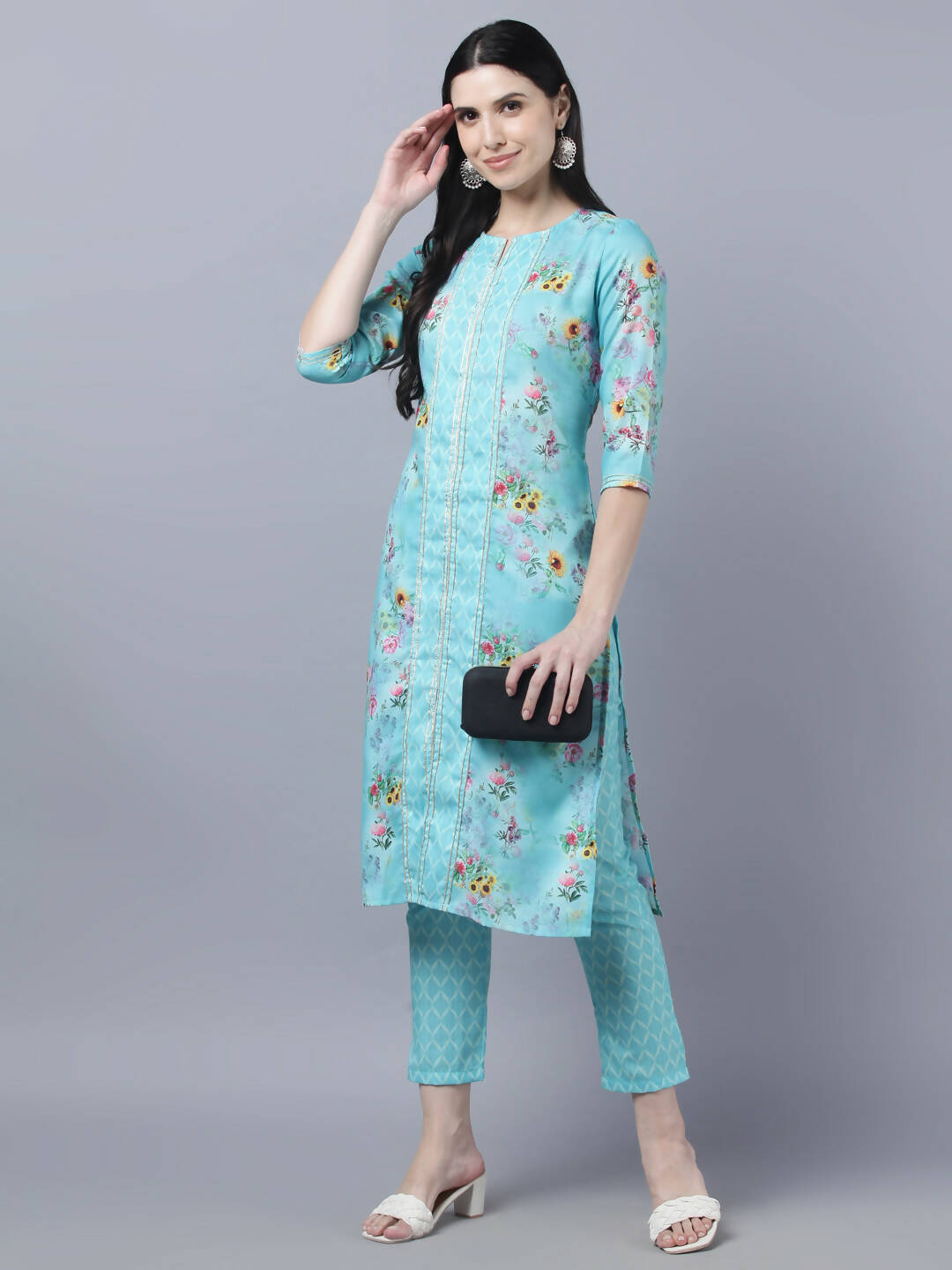 Myshka Women Blue Yellow Printed Kurta with Trousers | Grocsy