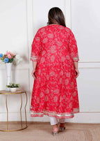 Miravan Plus Size Women'S Red Jaipuri Printed Cotton Ethnic Anarkali Kurta | Grocsy