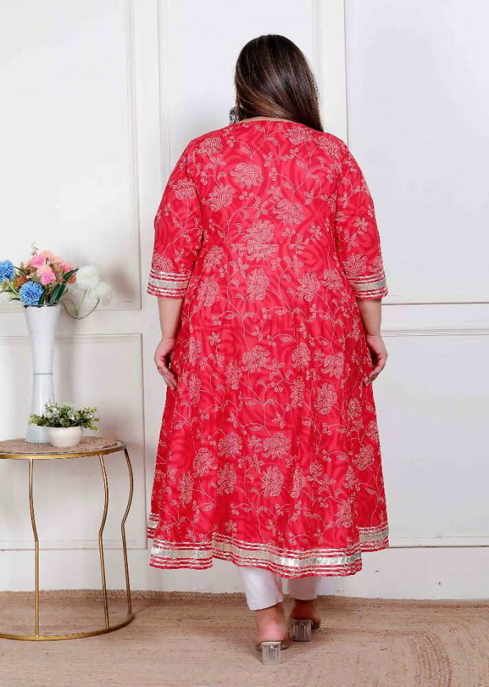 Miravan Plus Size Women'S Red Jaipuri Printed Cotton Ethnic Anarkali Kurta | Grocsy