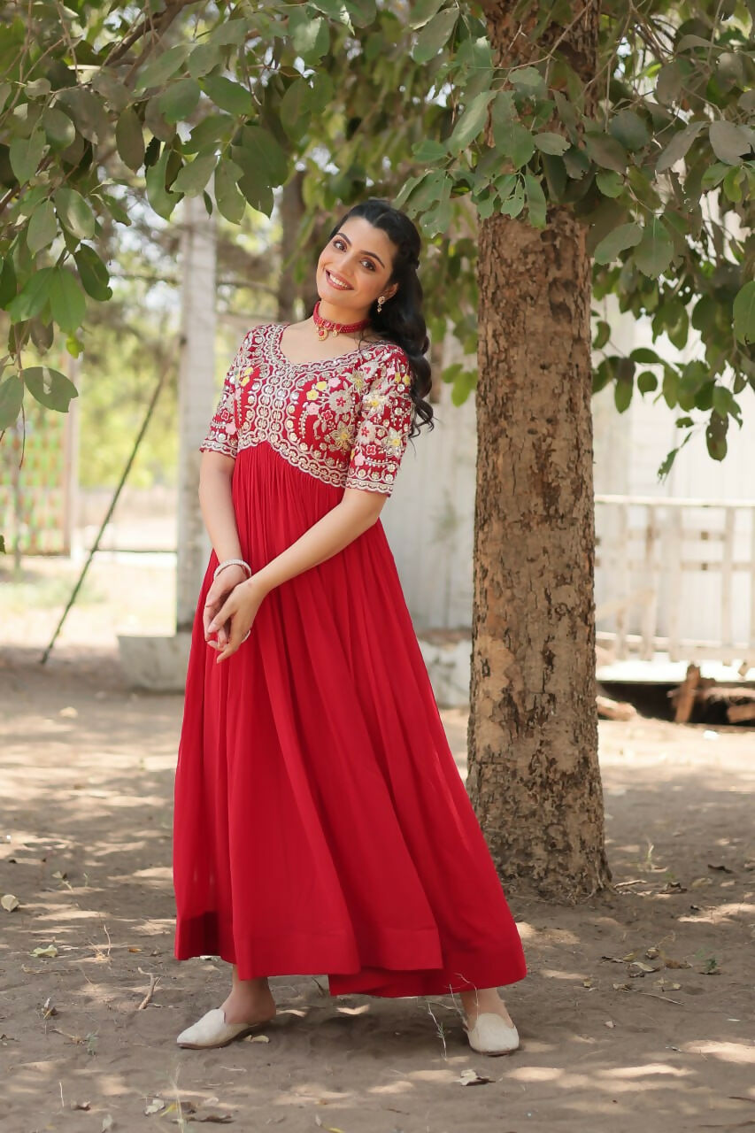 Vastranavya Faux Blooming with Embroidery Zari Sequins-work Gown - Red | Grocsy