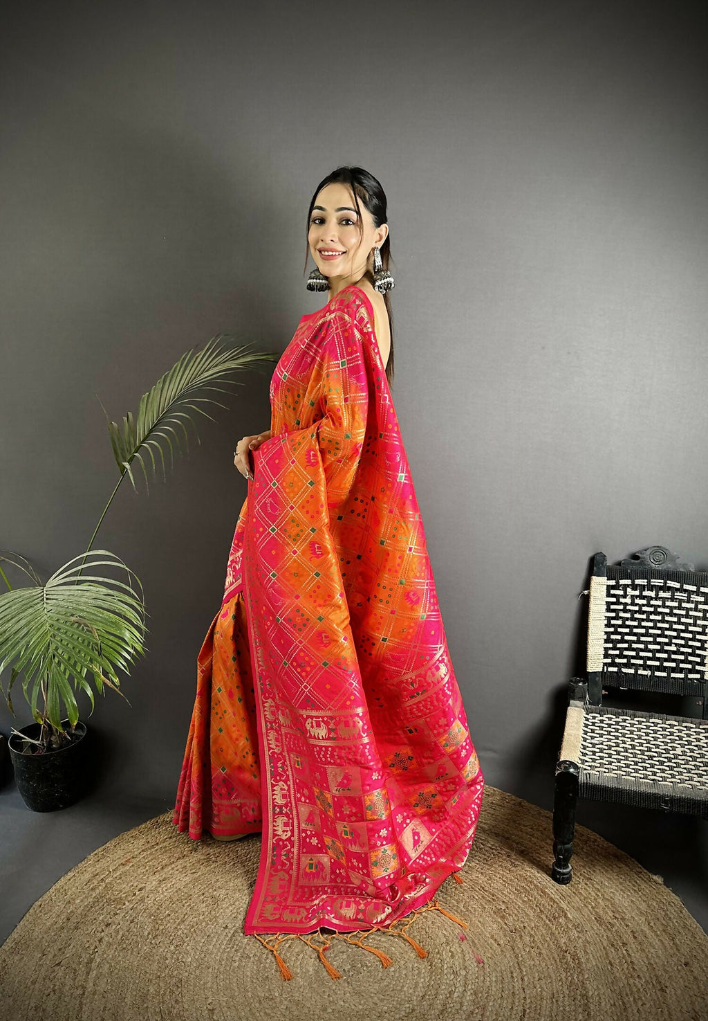 Joban Fashion Orange And Pink Geometric Pattern Soft Silk Patola Saree | Grocsy