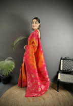 Joban Fashion Orange And Pink Geometric Pattern Soft Silk Patola Saree | Grocsy