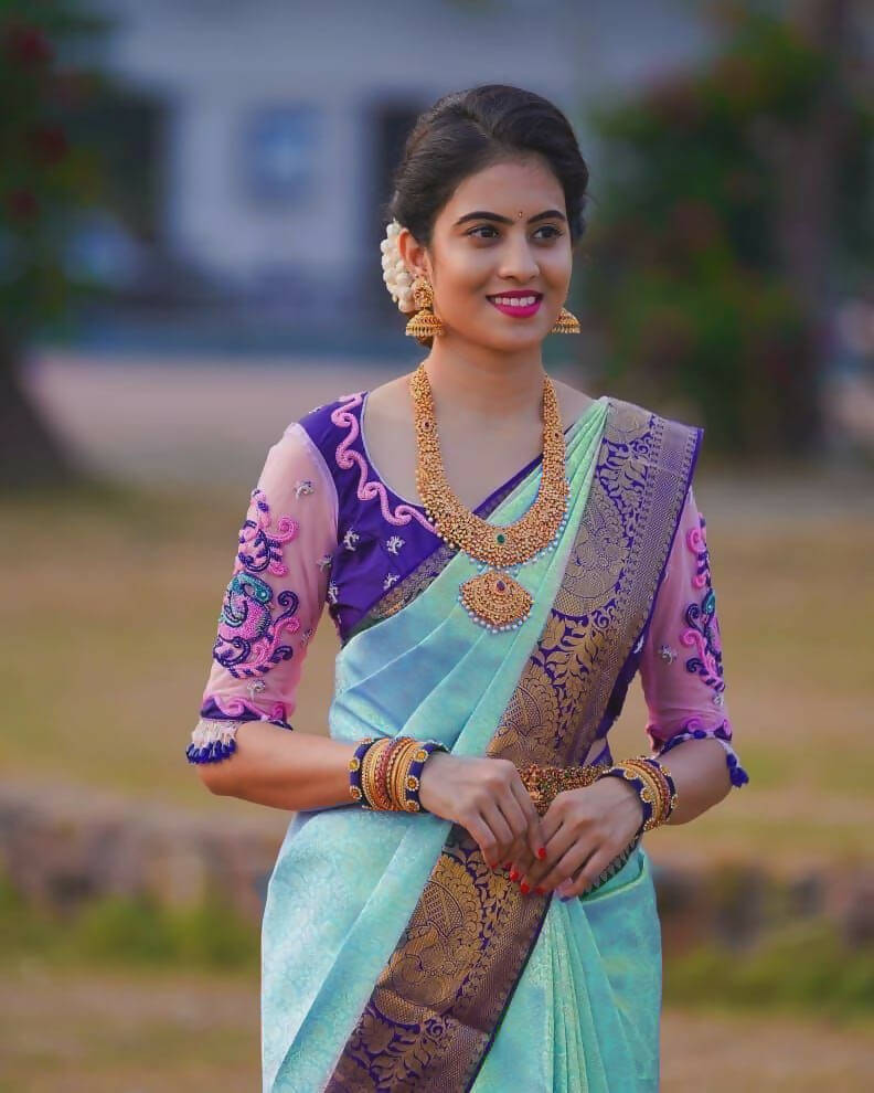 DEIANA'S Beautiful Designer Golden zari Soft Lichi Silk Saree - Sky | Grocsy