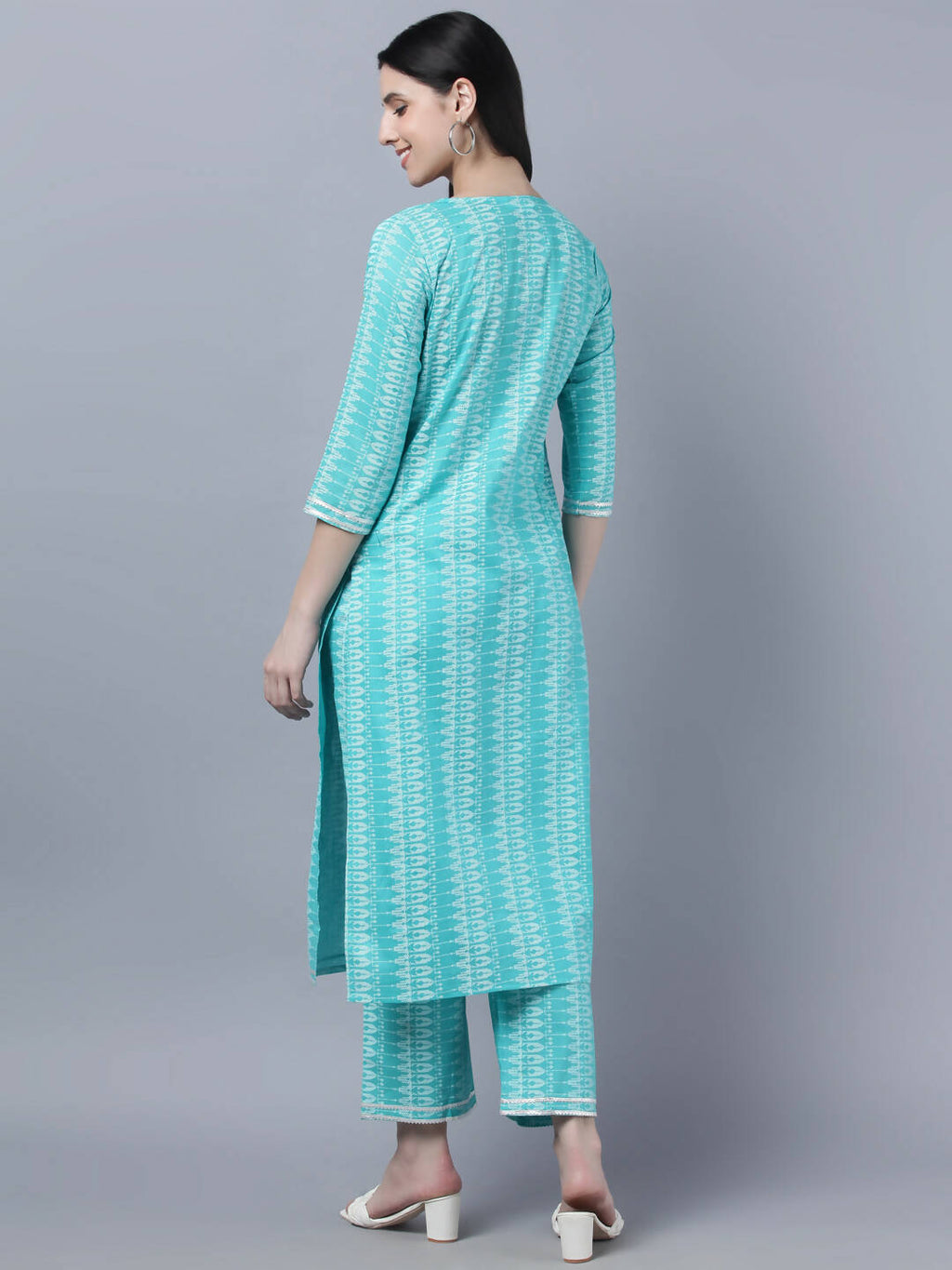 Myshka Women Turquoise Blue Layered Pure Cotton Kurti with Trousers With Dupatta Set | Grocsy