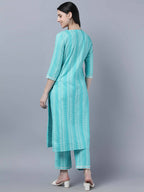 Myshka Women Turquoise Blue Layered Pure Cotton Kurti with Trousers With Dupatta Set | Grocsy