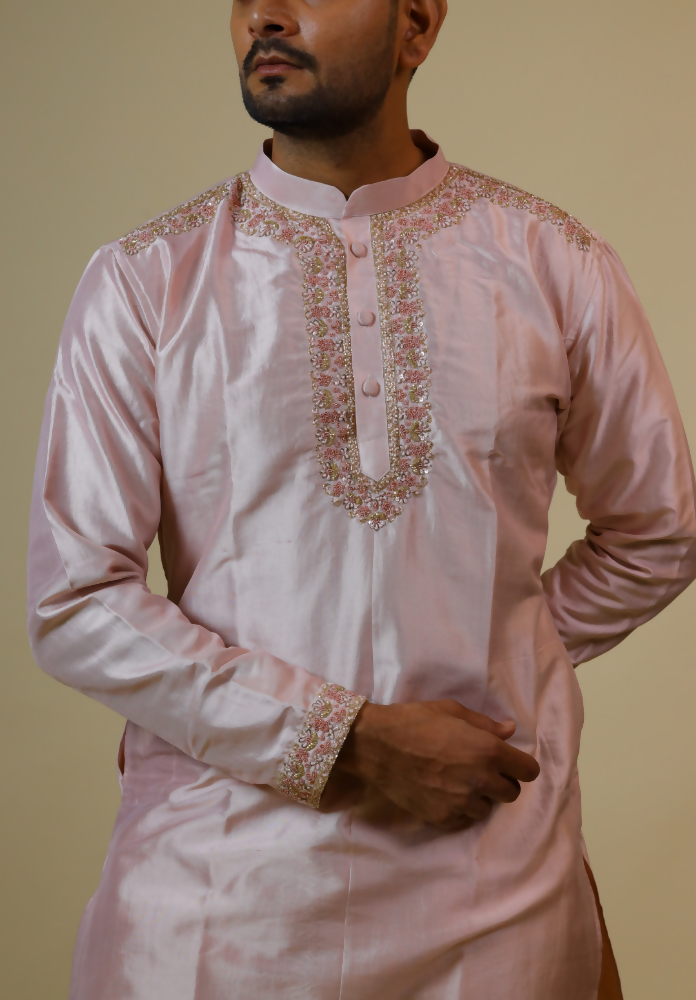 Light Coral Embroidered Collar Designer Kurta by Hilo Design | Grocsy