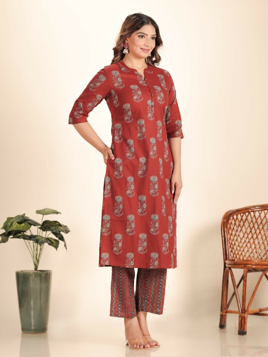 Aramya Maroon Soft Cotton Floral Print Straight Kurta Set for Women | Grocsy
