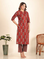 Aramya Maroon Soft Cotton Floral Print Straight Kurta Set for Women | Grocsy