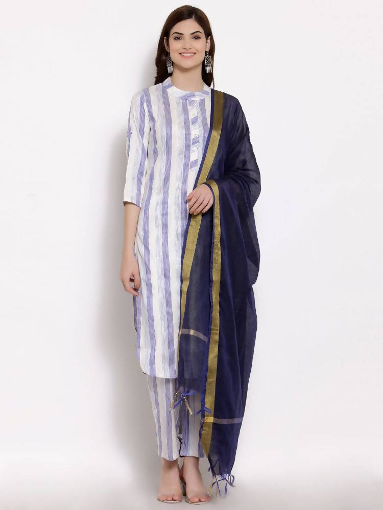 Myshka Women's Blue Cotton 3/4 Sleeve Mandarin Collar Printed Casual Kurta Pant Dupatta Set | Grocsy