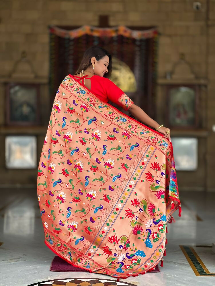 PR Fashion Red Oft Kanjivaram Paithani Silk With Zari Weaving Meenakari Design Saree | Grocsy