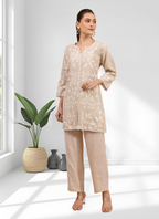 Joban Fashion Beige Linen Embroidered Readymade Cord Set | Grocsy