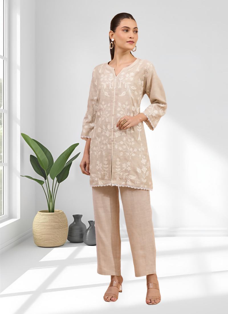 Joban Fashion Beige Linen Embroidered Readymade Cord Set | Grocsy