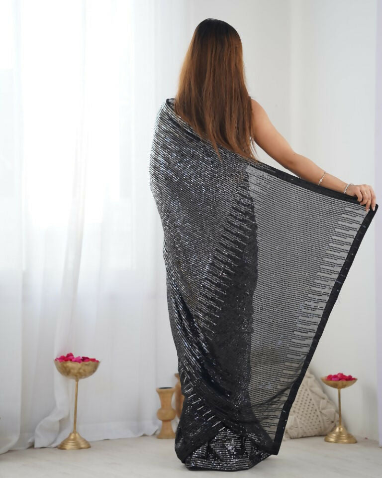 Black Georgette Designer Sequence Embroidery Work Saree - Radhe | Grocsy