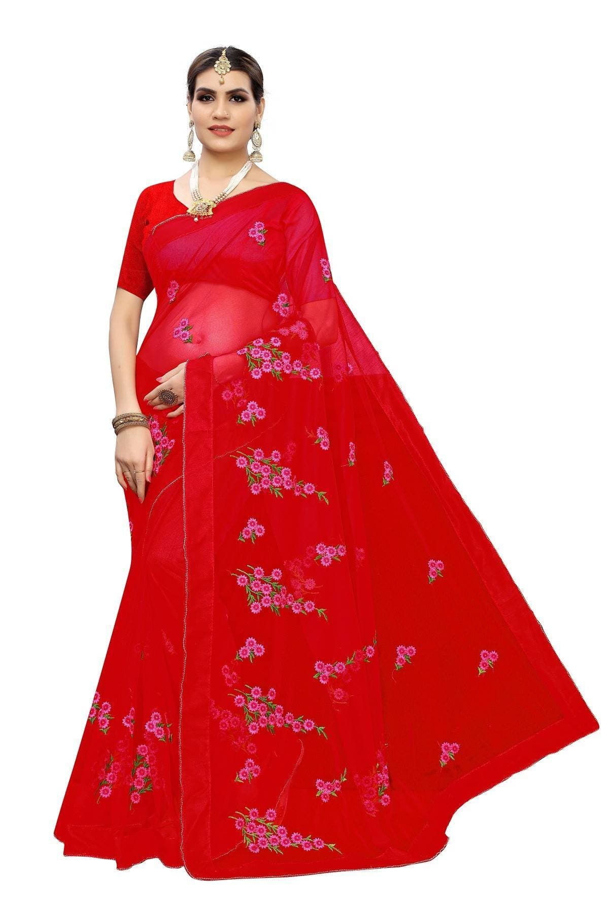 Vamika Red Net Embroidery Saree | Grocsy