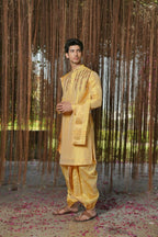 Gold Machine Kanjivaram Embroidered Pattu Set by Hilo Design | Grocsy