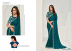 Teal Crepe Satin Silk Sequence & Applique Saree with Unstitched Blouse Piece - Norita Saanjh | Grocsy