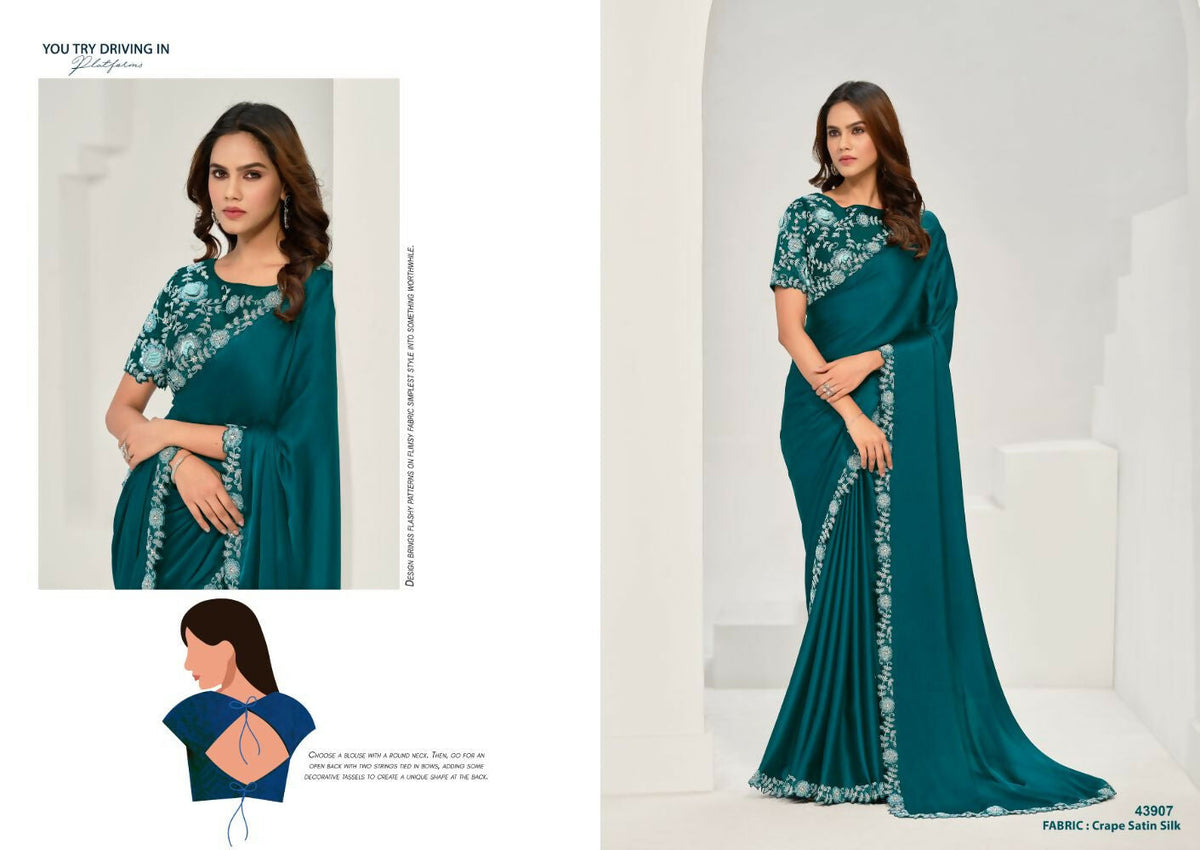 Teal Crepe Satin Silk Sequence & Applique Saree with Unstitched Blouse Piece - Norita Saanjh | Grocsy