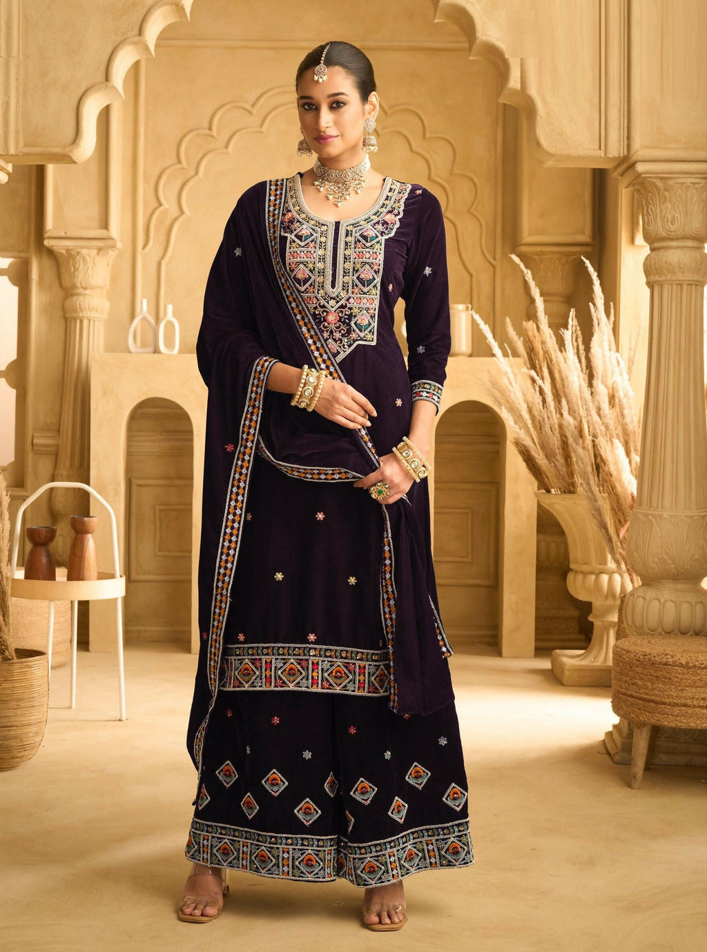 Anaita Dark Wine Embroidered with beads Velvet Stitched Plazo Suit | Grocsy