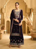 Anaita Dark Wine Embroidered with beads Velvet Stitched Plazo Suit | Grocsy
