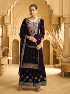 Anaita Dark Wine Embroidered with beads Velvet Stitched Plazo Suit | Grocsy