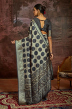 Joban Fashion Dark Grey Dola Tussar Silk Self Jacquard Border Saree | Grocsy
