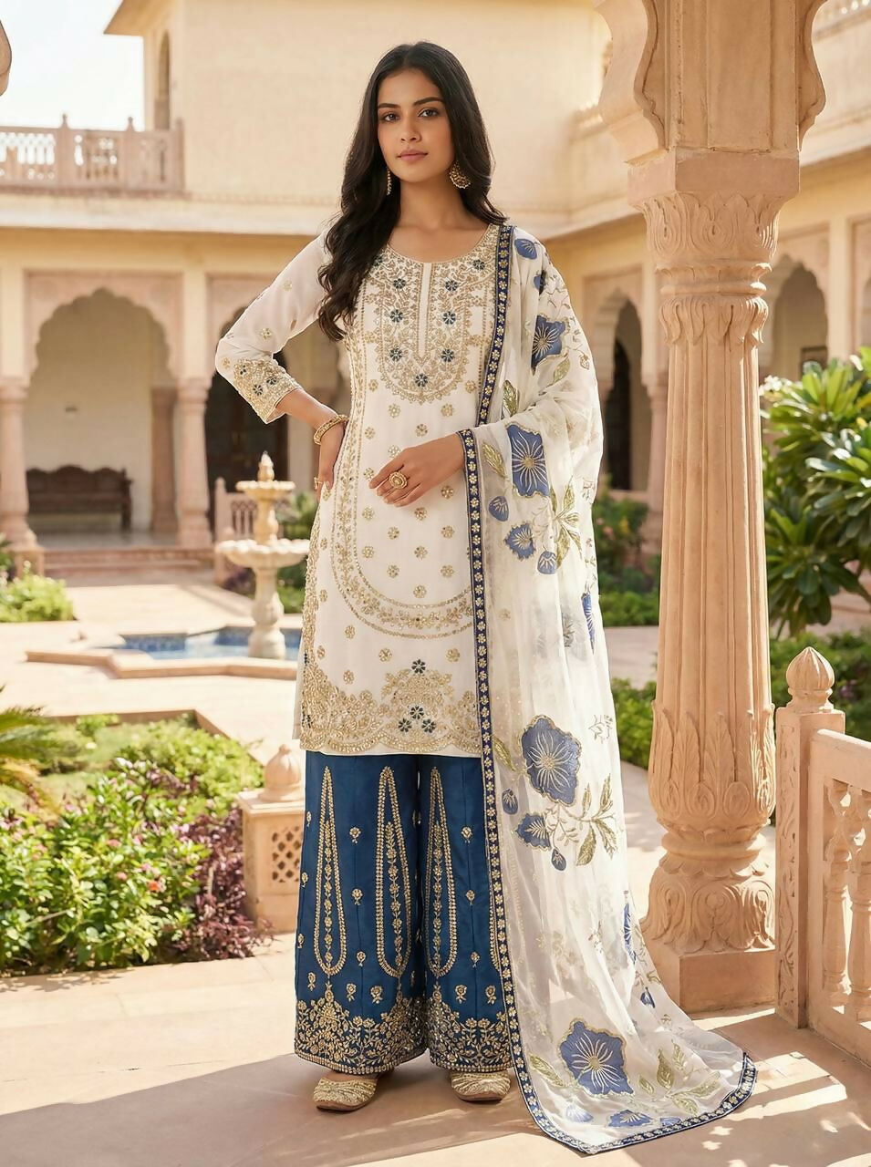Teeya Creation Blue Gimmy Silk Designer Embroidery Work Wedding Wear Palazzo Pair | Grocsy