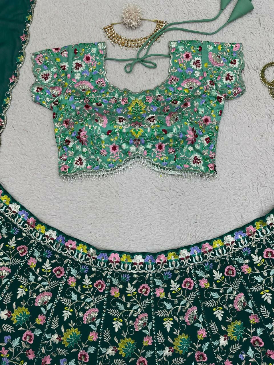 Jyoti Fashion Women's Bottle Green Faux Georgette Sequins with Thread Embroidered Designer Lehenga Choli Set | Grocsy