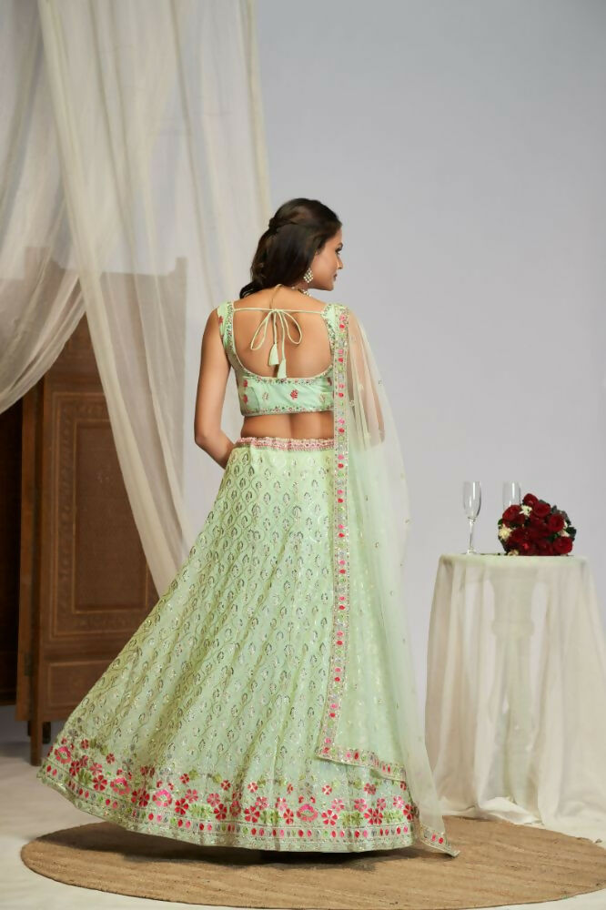 Pastel Green Georgette Thread Embroidery Work Lehenga Choli For Women - Jihu Culture | Grocsy