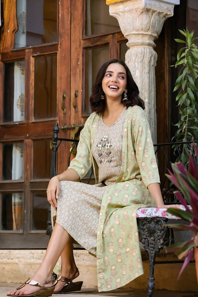 Yufta Green Printed and Embroidered Dress | Grocsy